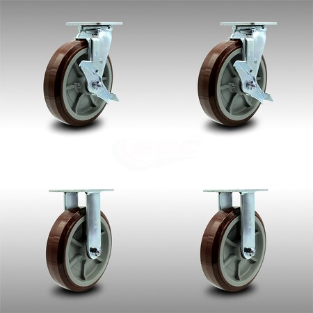 Service Caster 8 Inch SS Polyurethane Caster Set with Roller Bearings 2 Brakes 2 Rigid SCC SCC-SS30S820-PPUR-TLB-2-R-2